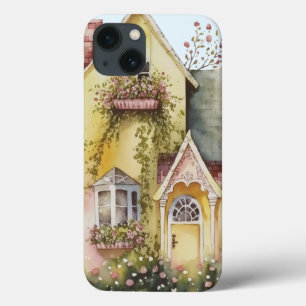 Waterverf geel huis bloembakken tuin zoet Case-Mate iPhone case