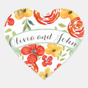 Waterverf Geel koraal Groene Floral Wedding Seal Hart Sticker