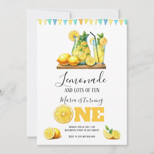 Waterverf Geel limonade 1e verjaardagsfeestje Kaart (Voorkant)