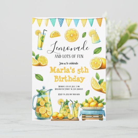 Waterverf geel limonade verjaardagsfeestje invitat kaart (Staand voorkant)