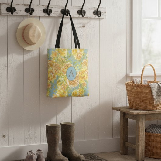  Waterverf geel monogram Roos Tote Bag