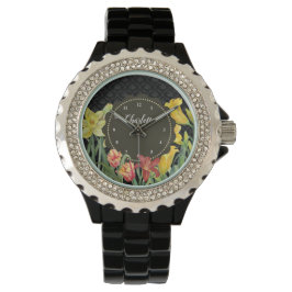 Waterverf Geel Oranje Lente Bloemen Damask Horloge