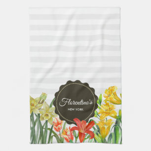 Waterverf Geel Oranje Lente Bloemen Ontwerp Theedoek