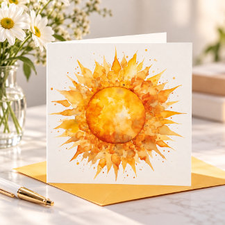 Waterverf Geel Oranje Zon Zonnestralen Zomer Feestdagenkaart
