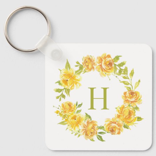 Waterverf geel Roses Floral Wreatmonogram Sleutelhanger (Voorkant)