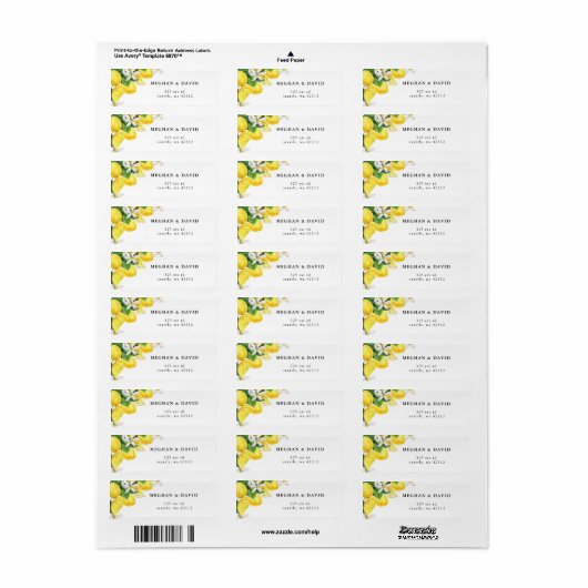 Waterverf Geel Rustiek Citrus Lemon Bruiloft Etiket (Full Sheet)