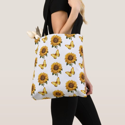 Waterverf geel vlinder zonnebloempatroon tote bag (Dichtbij)