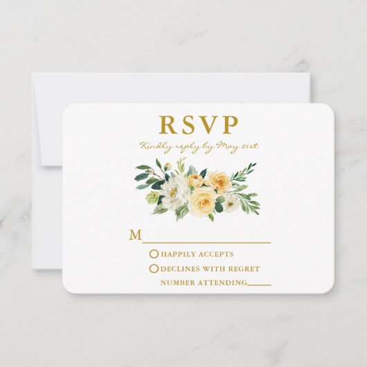 Waterverf Geel Wit Bloemen Elegant Gold RSVP Kaartje (Voorkant)