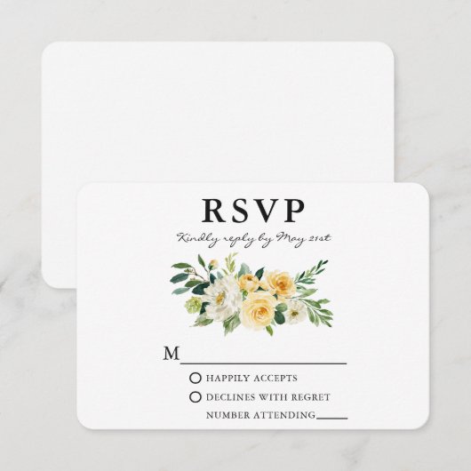 Waterverf Geel Wit Bloemen Elegant RSVP Kaartje (Voorkant / Achterkant)