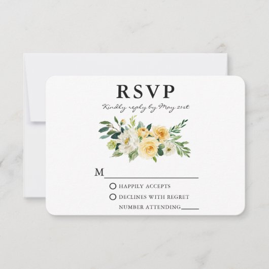 Waterverf Geel Wit Bloemen Elegant RSVP Kaartje (Voorkant)