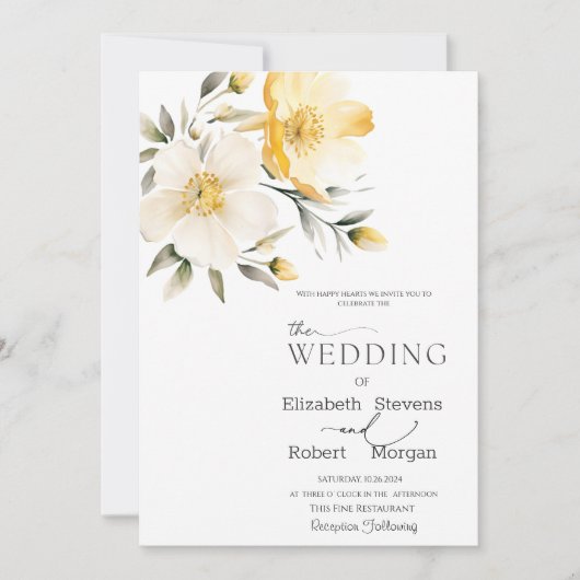 Waterverf Geel Wit Bloemen Trouwuitnodiging Kaart (Voorkant)