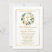 Waterverf geel wit bloemenkrans communie kaart (Voorkant)