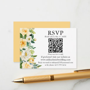 Waterverf Geel Wit Floral QR RSVP Weddenschap Informatiekaartje