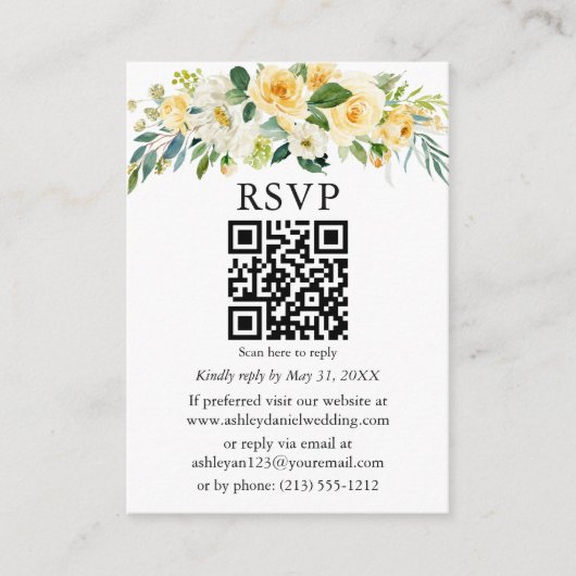 Waterverf Geel Wit Floral Weddenschap QR RSVP Informatiekaartje (Voorkant)