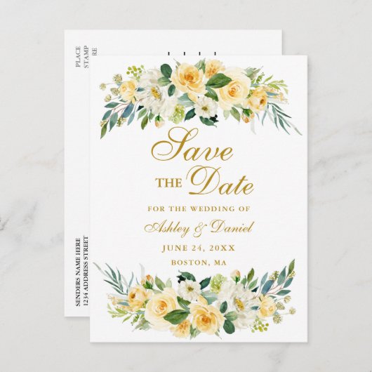 Waterverf Geel Witte Bloem Goud Save the Date Aankondigingskaart (Voorkant / Achterkant)