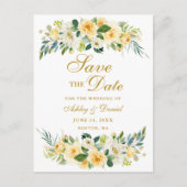 Waterverf Geel Witte Bloem Goud Save the Date Aankondigingskaart (Voorkant)