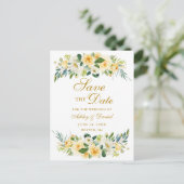 Waterverf Geel Witte Bloem Goud Save the Date Aankondigingskaart (Staand voorkant)