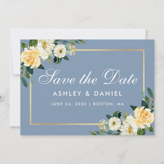 Waterverf Geel-witte Floral Dusty Blue Save The Date (Voorkant)