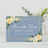 Waterverf Geel-witte Floral Dusty Blue Save The Date (Staand voorkant)