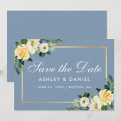 Waterverf Geel-witte Floral Dusty Blue Save The Date (Voorkant / Achterkant)