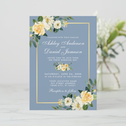 Waterverf Geel Witte Floral Dusty Blue Wedding Kaart (Staand voorkant)