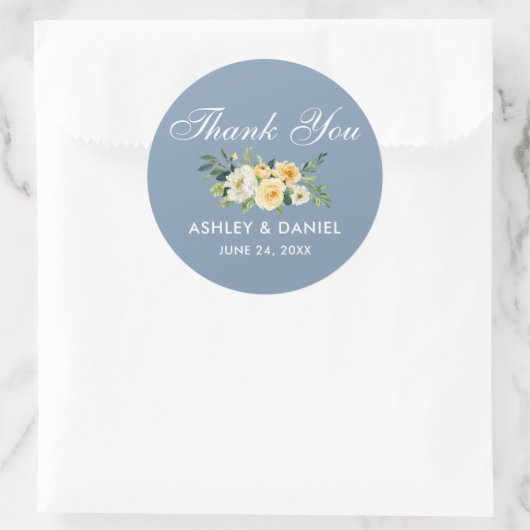 Waterverf Geel Witte Floral Dusty Blue Wedding Ronde Sticker (Tas)