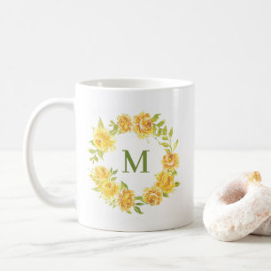 Waterverf geel zomerbloemen krans monogram koffiemok
