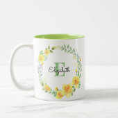 Waterverf geel zomerbloemen krans monogram tweekleurige koffiemok (Links)