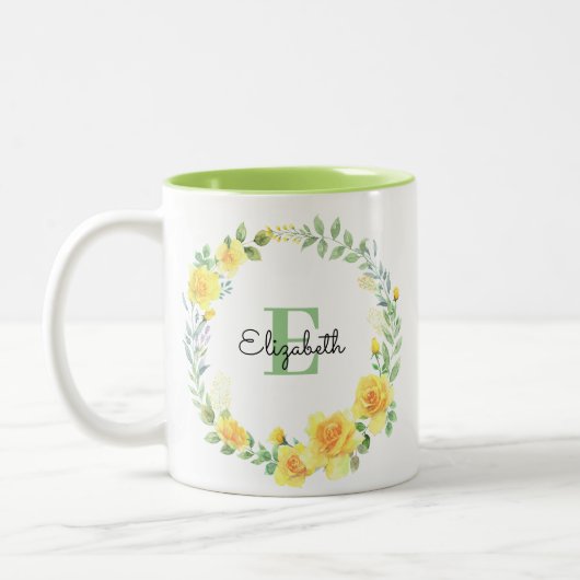 Waterverf geel zomerbloemen krans monogram tweekleurige koffiemok (Links)