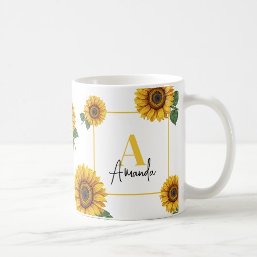 Waterverf Geel Zonnebloem Monogram Moeder Koffiemok (Rechts)