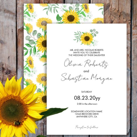 Waterverf Geel Zonnebloemen Formele Bruiloft Kaart