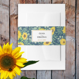 Waterverf geel zonnebloemen marineblauw bruiloft uitnodigingen wikkel