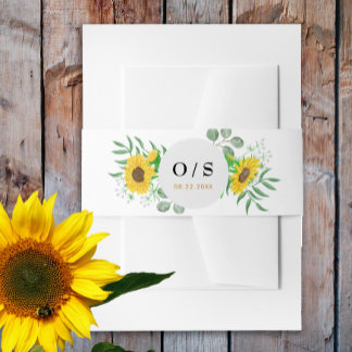 Waterverf Geel Zonnebloemen Monogram Bruiloft Uitnodigingen Wikkel