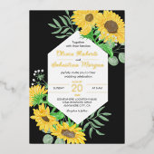 Waterverf geel zonnebloemen op zwart trouwgoud folie uitnodiging (Voorkant)