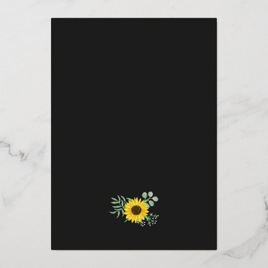 Waterverf geel zonnebloemen op zwart trouwgoud folie uitnodiging (Achterkant)