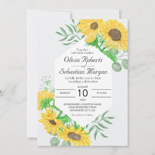 Waterverf geel zonnebloemen zeshoek bruiloft kaart (Voorkant)