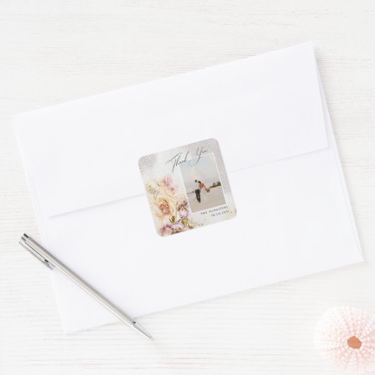 Waterverf gefinteerde Floral Canvas bruiloft Dank  Vierkante Sticker (Envelop)