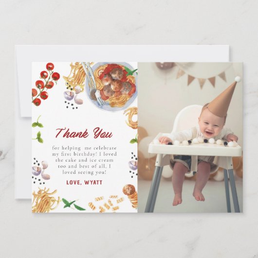 Waterverf gehaktbal Italiaans 1e verjaardag Bedankkaart (Voorkant)