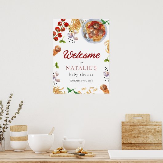 Waterverf gehaktbal Italiaans Baby shower Welkom Poster (Keuken)