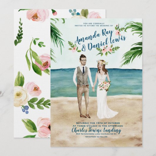 Waterverf geïllustreerd uitnodiging voor het huwel (Voorkant / Achterkant)