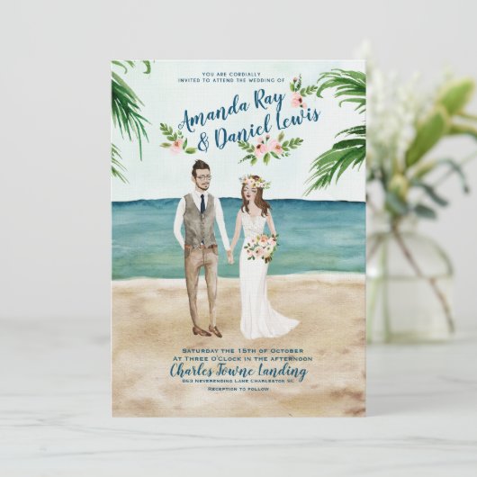 Waterverf geïllustreerd uitnodiging voor het huwel (Staand voorkant)