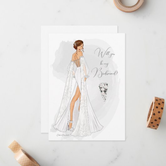 Waterverf Geïllustreerde bruidsmeisje Voorstel kaa Notitiekaartje (Voorkant / Achterkant in situ)