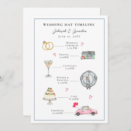 Waterverf geïllustreerde trouwdag programmakaart (Voorkant / Achterkant)