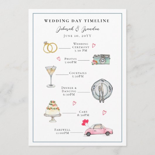 Waterverf geïllustreerde trouwdag programmakaart (Voorkant)