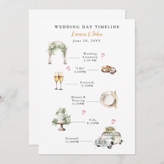 Waterverf Geïllustreerde trouwdag tijdlijn Programmakaart (Voorkant / Achterkant)