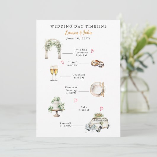 Waterverf Geïllustreerde trouwdag tijdlijn Programmakaart (Staand voorkant)