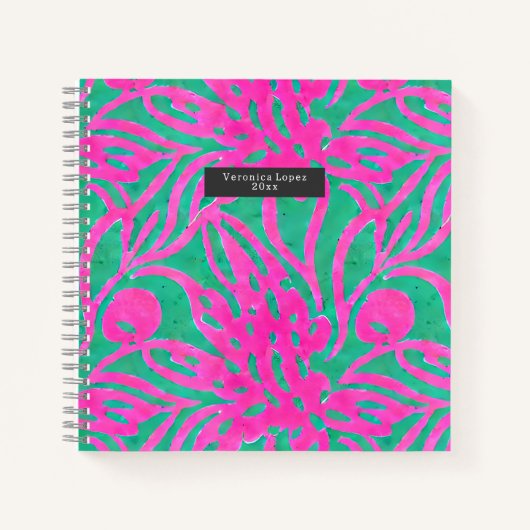 Waterverf geïnspireerde roze Aqua Damask Floral Notitieboek (Voorkant)
