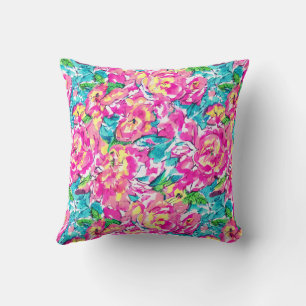 Waterverf geïnspireerde roze blauwe Floral Kussen