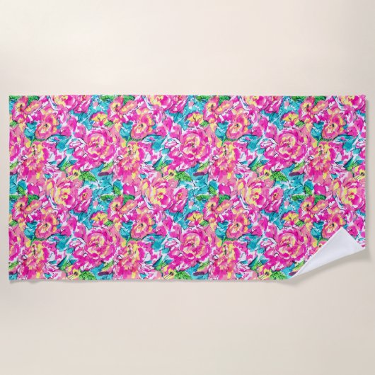 Waterverf geïnspireerde roze blauwe Floral Strandlaken (Voorkant)