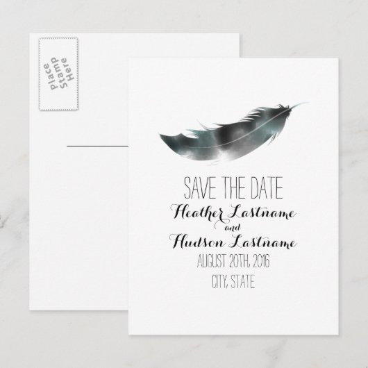 Waterverf geïnspireerde veer Save the date - Zwart Aankondigingskaart (Voorkant / Achterkant)